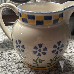 Farmhouse Ceramic Pitcher Blue & Yellow Accents Final Sale